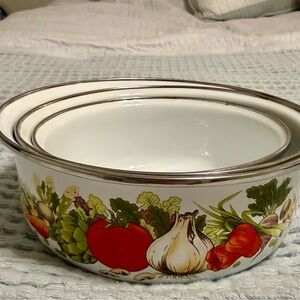 Vintage Vegetable Pattern Mixing Bowls - White with Red & Green Accents